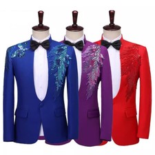Hommes Sequin Costume Blazer Veste un Bouton Ajusté Performance Scène Fête