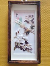Tableau chinois vintage décor fleurs et oiseaux en nacre et coquillage 22.5 x 12