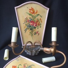 Old Vtg FRENCH Pair PAINTED TOLEWARE RARE UNIQUE Wall Sconces PINK FRAME Flowers