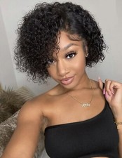 Perruque Afro Bouclé 100% Naturelle Femme Noir Lace Wig Courte Dentelle 20cm