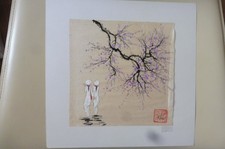Peinture sur papier de riz Femmes en ao dai blanc arbre en fleurs mauve Vietnam