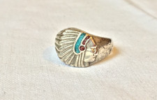 BAGUE CHEVALIERE ARGENT  TURQUOISE CORAIL INDIEN AMERINDIEN HARPO NAVAJO
