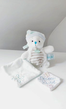 Doudou Plat/Mouchoir Pantin Ours Blanc Rayé Beige Bonnet Bleu Layette - Baby Nat