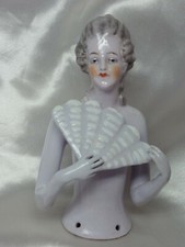 ANTIQUE PORCELAIN HALF DOLL BIG LADY MARQUISE FAN PIN CUSHION GERMAN RESTORED 