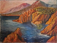 Beau Tableau Peinture HSP Bord De Mer Falaises Piana Corse Signé 1951