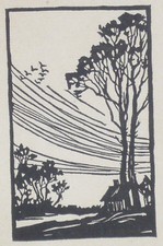 GRAVURE BOIS Paysage Foret Arbres Maison Oiseaux ART 