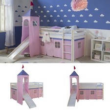 Lit Superposé Mezzanine D'Enfant 90x200 cm Tour Toboggan Rideau Rose Homestyle4u