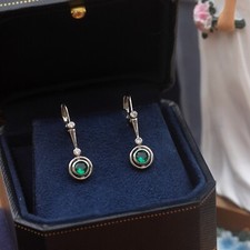 Boucles d'oreilles Dormeuses Argenté Antique Art Deco Rond CZ Vert Fin SC1