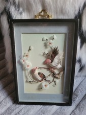 TABLEAU CADRE VINTAGE NOIR 3 D  OISEAUX PLUME JAPON ASIATIQUE  