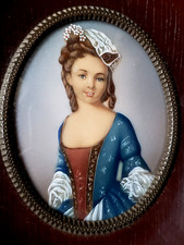 Ancienne PEINTURE miniature FILLETTE jeune femme d'apres F. Boucher cadre BOIS