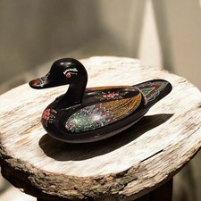 Boîte décorative en forme de canard – Bois laqué noir – Peinture artisanale –...