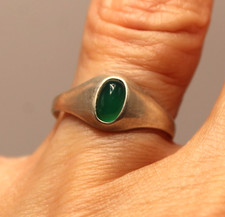 Ancienne Bague Jonc Anglais en Argent Massif 835 et Cabochon de Chrysoprase T.51