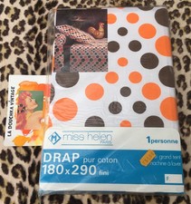 FRENCH MOD 1960s COTTON FLAT SHEET ~WHITE & ORANGE POLKA DOTS~ 180 x 290 cm ~NEW