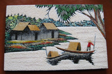 Tableau asiatique sable & coquilles d’œufs Paysage du Vietnam riviére jonque N°2