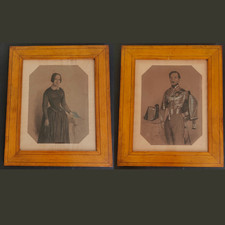 Paire Dessin Militaire Hussard & sa femme 1845 Cadre Pitchpin Haut Rhin Vosges