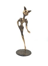 Yves Lohé Bronze " Élégante À Tête De Chat " Ht 37,5cm Sculpture Statue TBE