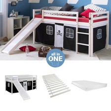 Lit superposé 90x200 Toboggan d'enfant mezzanine Matelas Rideau Noir Homestyle4u