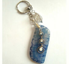 Porte Clé / Bijou de sac Agate veines de dragon bleue Pendentif irisé Feuille 3D