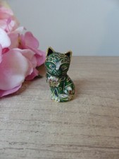 Rare figurine de chat miniature cloisonné vert vintage, motif fleurs