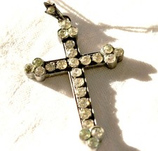 Pendentif croix ancienne ARGENT Cristaux taillés Strass poinçon sanglier 5.5cm