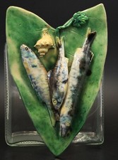 Plaque murale plat trompe l’oeil céramique poissons Alfred Renoleau Palissy