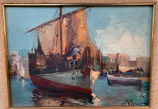 Tableau Huile Paysage Marin Bateaux Impressionniste XXème