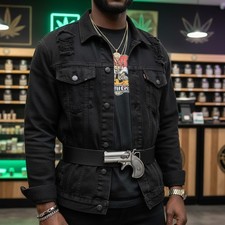 Hommes Argent Métal Mode Boucle Ceinture Motard Arme de Poing Revolver Rue Hood