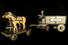 Ancien jouet à tirer, art populaire vers 1930 / Charette cheveux bois et metal