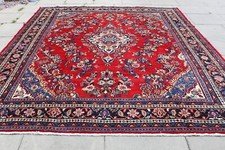 Vintage Main Fabriqué Traditionnel Oriental Laine / Rouge Bleu Grand Moquette
