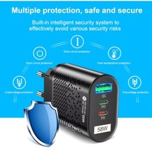 BLOC DE CHARGE RAPIDE MURAL 58W USB/USB C NOIR