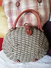 Sac à main panier ovale osier et cuir Vintage