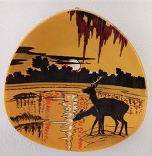 Assiette Décorative Longwy Le Crépuscule Ceramique Marron Peint Main 1950 1960 