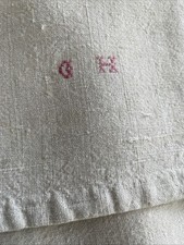 DRAP ANCIEN EN CHANVRE  LIN ECRU COUTURE CENTRALE MONOGRAMME GH/7431V5