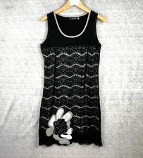 L33 Robe Droite Femme S Noir Dentelle Sans Manches Appliqué Floral Col Rond Chic