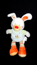 doudou peluche lapin blanc salopette bleu orange vert brodé carotte NICOTOY