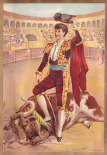 Rarissime Grand Chromo Espagne. Triomphe D'Un Jeune Toréador Sur Un Gros Taureau