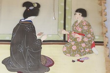 Kakémono sur soie Japonais XIX-XX personnages féminins enroulant du fil