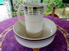 Service de Toilette Broc Cuvette Faience de Gien Modèle 4604 Décor Blanc Argent