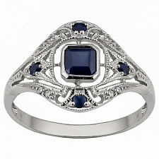 10k or Blanc Style Vintage Véritable Saphir et Diamant Bague