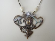 Collier Art Nouveau Bronze Ou Tombak Émail Perles D'Art Strass 9,4 G/46,5 Cm