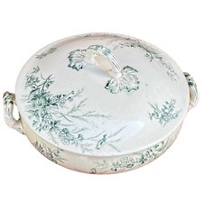 Ancien légumier Creil et Montereau Linotte vert faïence terre de fer oiseaux