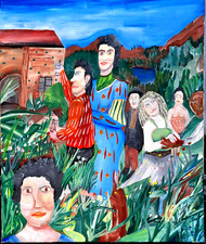 ART BRUT  TABLEAU NAIF Huile/toile "Partie de campagne" Années 60