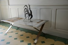 TABLE BASSE ROCHE BOBOIS ET JEAN GREGORIEFF EN CERAMIQUE ET ACIER BROSSE 1965