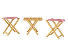 Tabouret de jardin pliable, bois hêtre naturel avec tissu rouge et blanc 