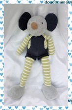 Doudou Peluche Souris Gris Bleu Rayures Vert Blanc Nounours