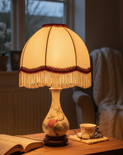 Lampe de Nuit Vintage Pied Porcelaine Roses Romantique Abat-Jour Plissé Franges