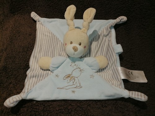 Doudou lapin plat bleu motif