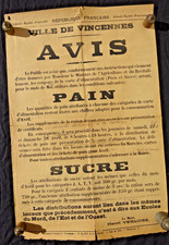 Affiche AVIS VINCENNES Rationnement Guerre PAIN SUCRE WW1 WW2 Verluise Maire