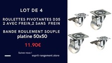 Roulettes pivotantes avec frein  Diam.35 plaque de fixation .Lot de 4 