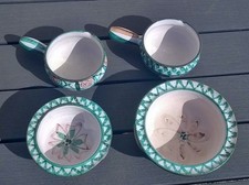 ROBERT PICAULT VALLAURIS ANNÉES 60 LOT DE 2 POÊLON & 2 RAMEQUINS  ÉMAILLÉE VERT